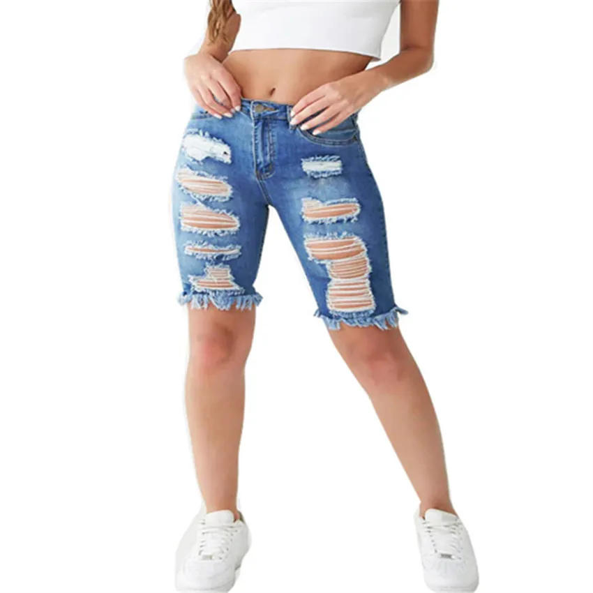 

Women High Waist Skinny Jeans Medium Blue Wash Denim Destroyed Bermuda Knee Length Shorts Feminino Ripped Denim Jeans Pants jean