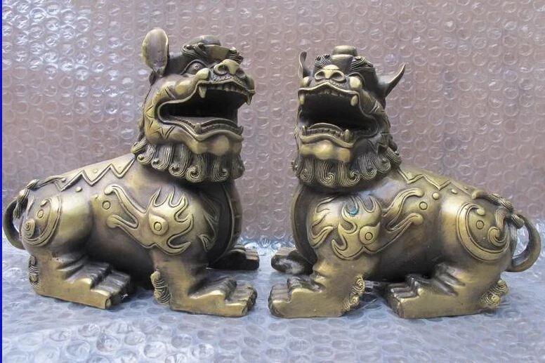 

Chinese Vintage Copper Bronze Palace talisman Evil Fu Foo Dog Guardian Lion Pair Statue Statue