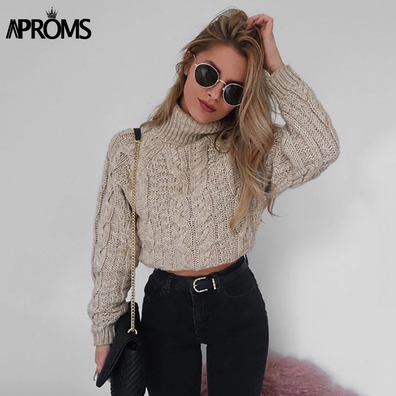 

Aproms Elegant Turleneck Twist Sweater Women Knitted Long Sleeve Cropped Sweater Autumn Winter Short Pullover Solid Color Jumper