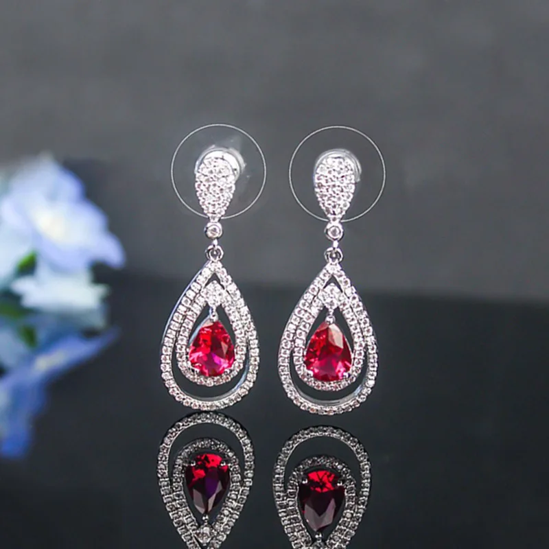 

Romantic Bridal Wedding Accessories Jewelry Exquisite red Cubic Zircon Dangle Earrings With white Gold Color