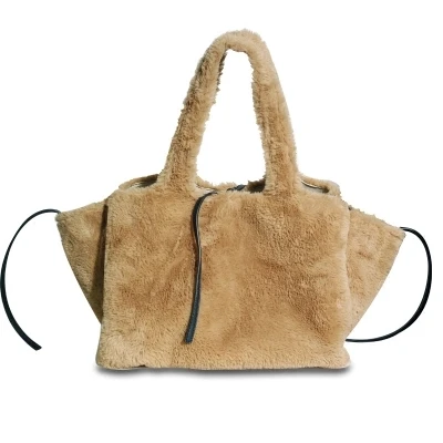 

winter novetly women faux fur tote handbag big plush khaki trapeze one shoulder bag large capacity female casual bag