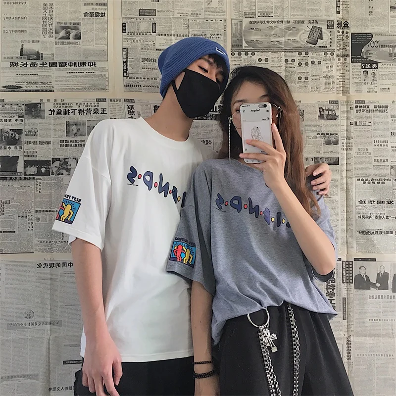 2019 Korean Matching Couple Clothes Autumn summer Loose Tops Casual Letter printing T-Shirt Cute Couple T Shirts For Lovers