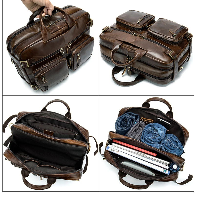 Crossten Multifunctional Natural Cowskin Genuine Leather Men's Briefcase Large Capacity Business bag Laptop Messenger Bag