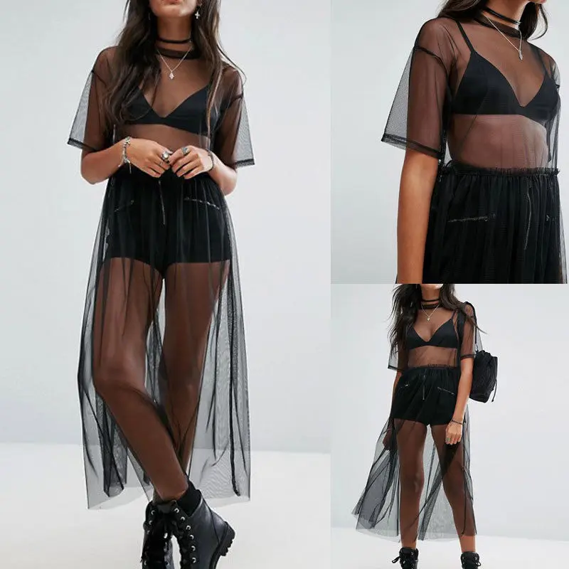 

2018 Summer Hot Bikini Cover-Ups Beachdress Women Black Gauze Mesh Swimsuits Cover-Up Beach Outwear Quick Drying