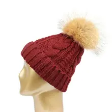 6 цветов, вязанная шапка для девочек, зимняя шапка, женская меховая шапка с помпоном, Женская однотонная плотная шапка, акриловая теплая шапочка для женщин