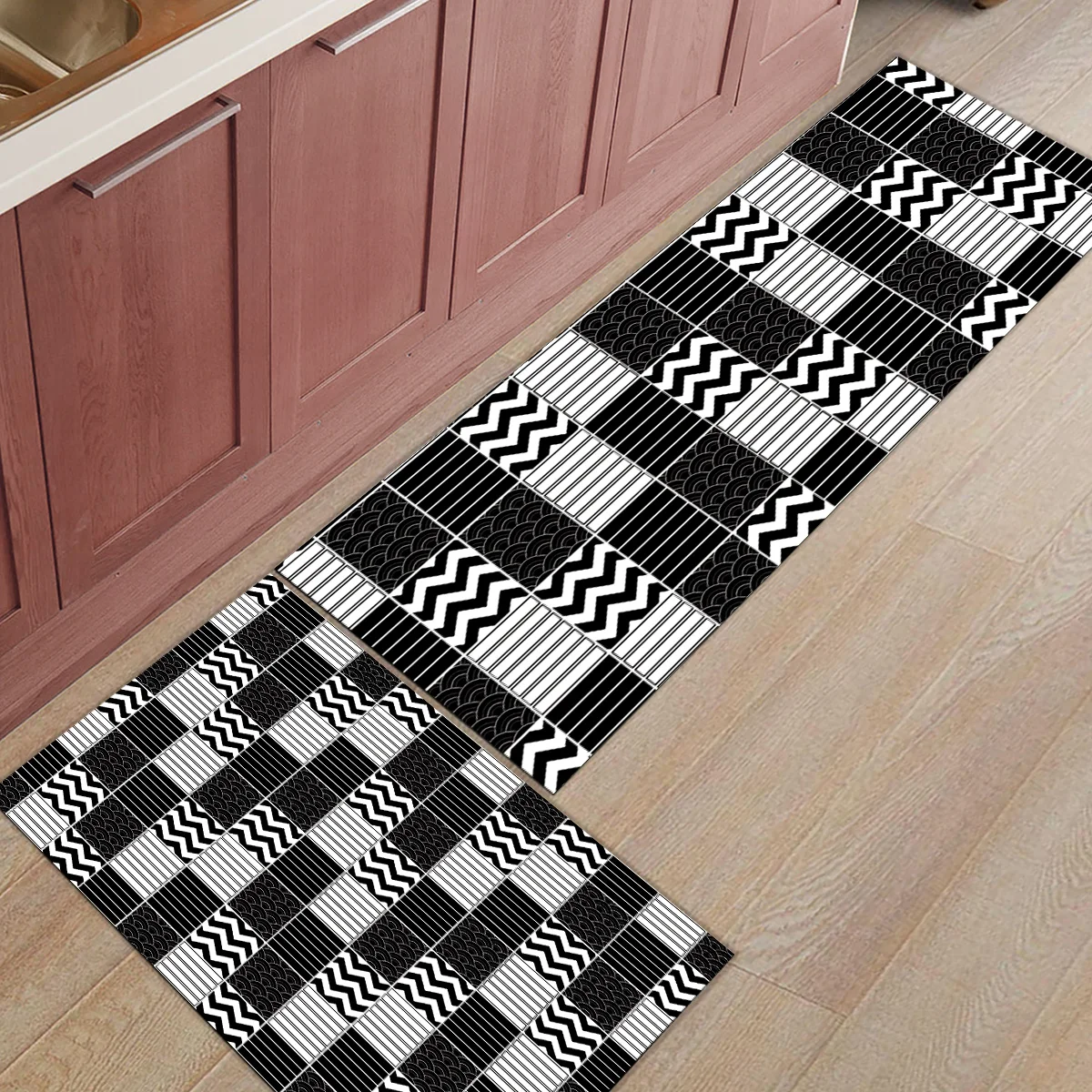 2 шт. кухонные подстилки И КОВРИКИ НАБОР Современный Черный традиционный японский узор волна домашний декор Нескользящая зона бегун входной коврик