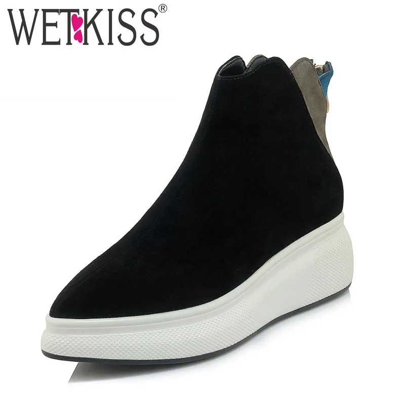 

WETKISS Cow Leather Women Boots Pointed Toe Zip Footwear Fashion Casual Ankle Boot Print Platform Shoes Woman Winter 2018 New