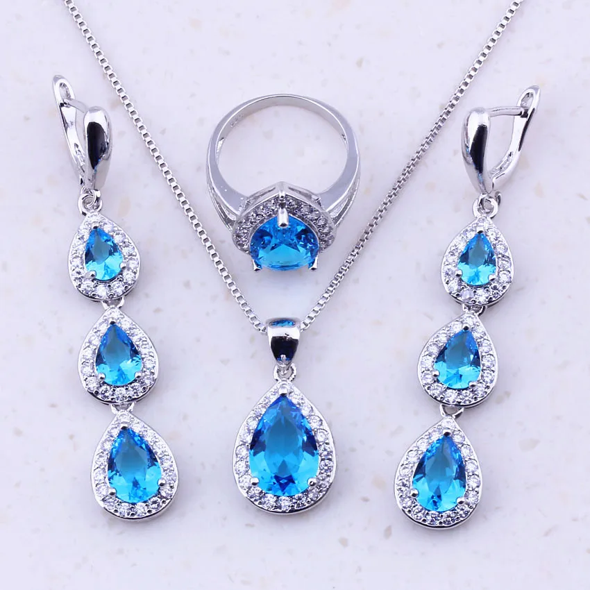 

Stunning Sky Blue Crystal Cubic Zircon 925 Sterling Silver Water Drop Jewelry Sets For Women Party Fashion Jewelry J0025