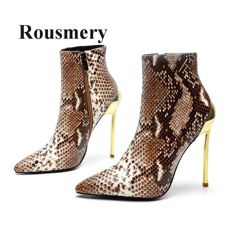 

Newest Metal Heel Desgin Snakeskin Pattern Sexy Thin High Heel And Pointed Toe Side Zipper Fashion Autumn Women Ankle Boots