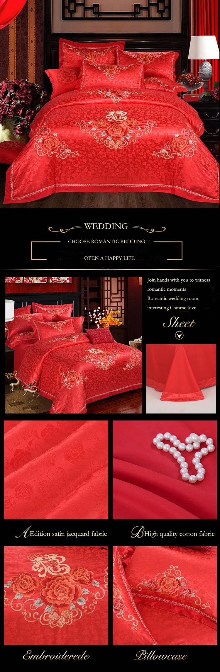 2018 luxury bedding set king size cotton romantic love wedding bed cover festive embroidery duvet cover bed sheets 4pcs red bed linen drap de lit 6