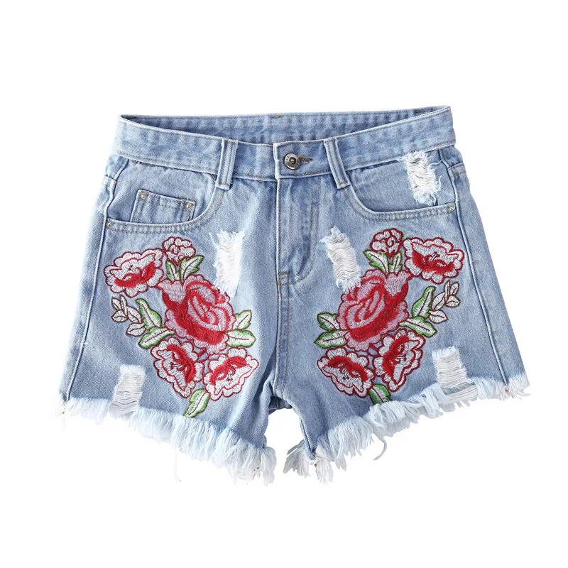 women's denim shorts floral embroidery 2018 blue flower embroidered
