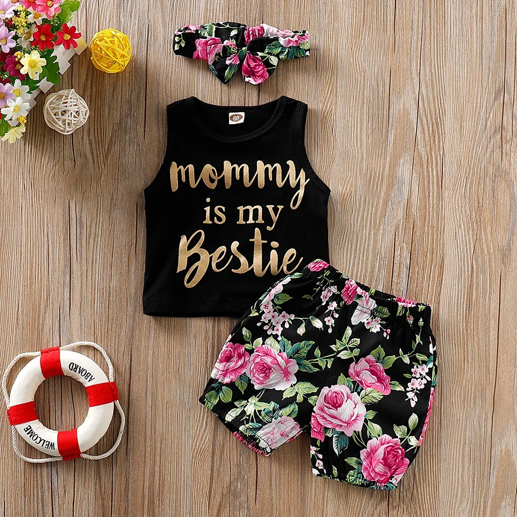 

2019 2019 Summer 3PCS Baby Girls Clothes Sets Toddler Baby Girl Letter Vest Tops+Floral Print Shorts+Headbands Set Outfit