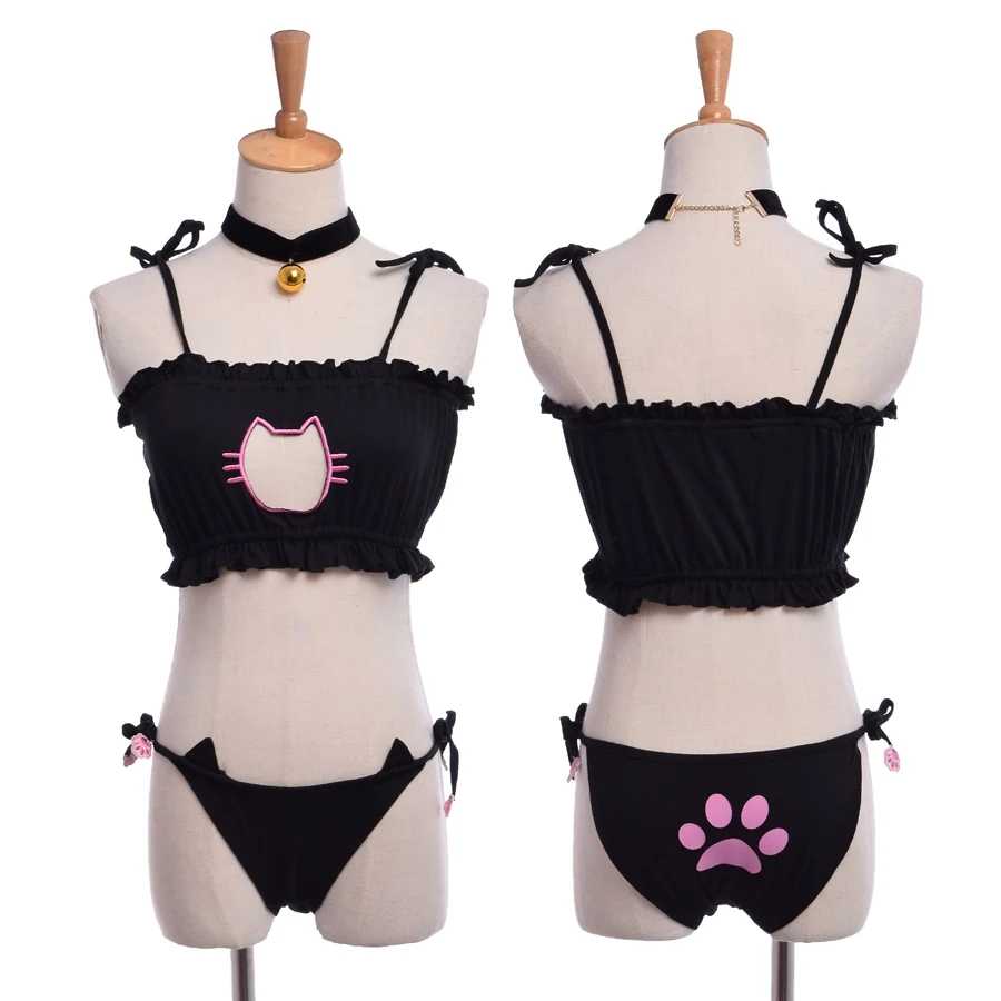Girls Cute Neko Cat Chest Hollow Out Lingerie Paws Tie Intimates Open Chest Underwear