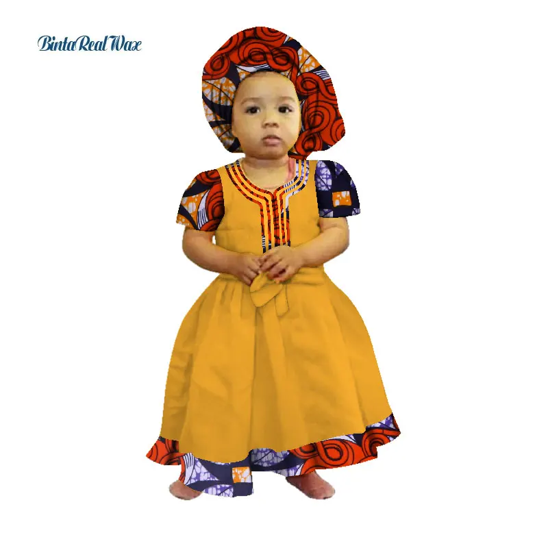 Платья-пачки с повязкой на голову для маленьких девочек; хлопок; Детские платья с принтом в африканском стиле; детская одежда в африканском стиле; Bazin Riche; WYT229