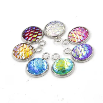 

Fnixtar Multicolor Stainless Steel Mermaid Fish Scale Charm Faux Druzy Cabochon Resin Round Pendant Making 10mm 20piece/lot