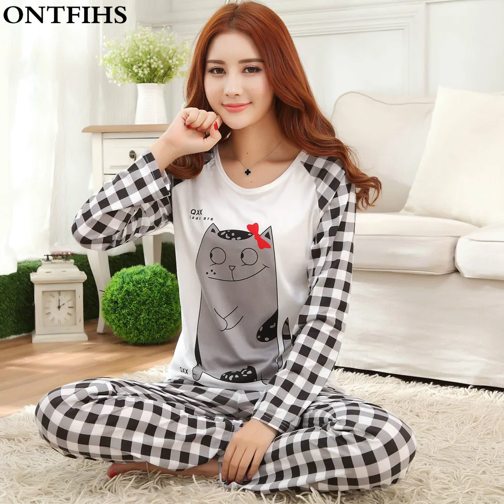 Image Womens Thin Pajama Sets Long Sleeve Sleepwear Polyester Pyjamas Cartoon Nightwear Pajamas Tops and Pants trousers Size M L XL P5