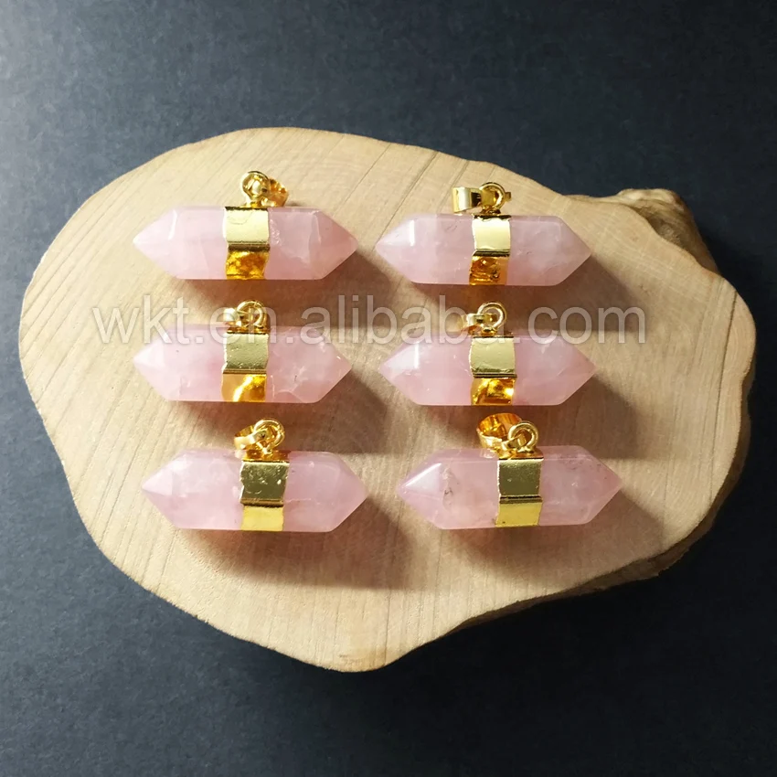 

WT-P906 Natural Pink Rose Stone Pendant with Gold eletroplated Raw Rose Stone pendant 10*30mm stone pendant for necklaces