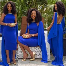 African Royal Blue Abendkleider Tee Länge Caped Perlen mit Strass Bodycon Backless Cocktail Prom Party Kleider 2016