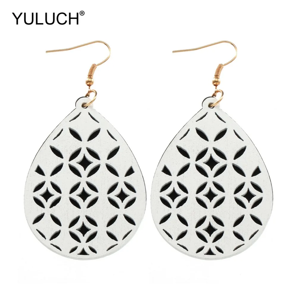 

YULUCH Double-layer Wooden Chip Black White Hollow Flower Ethnic Natural Pendant Fashion Water Drop Earrings for Women Earrings