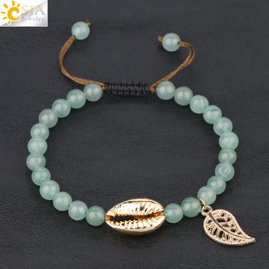 Green Aventurine Csja 10 цветов драгоценные камни бисер браслет 6 мм натуральный камень кристалл бисером металлик море подвеска в виде ракушки эффектные браслеты для женщин S352 - Окраска металла: Green Aventurine