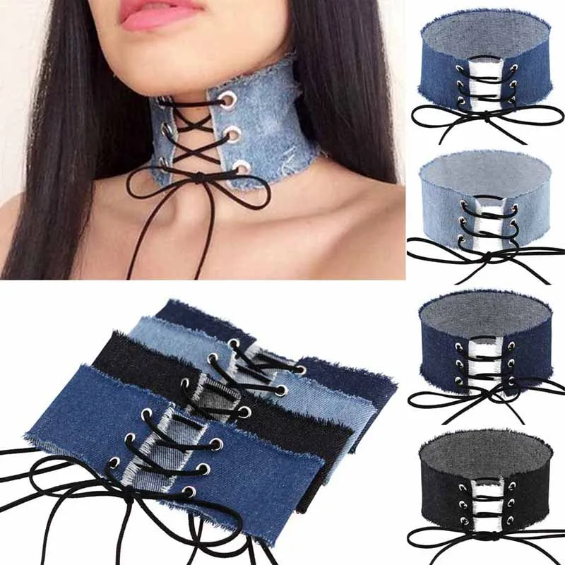 

Blue Denim Bow tie Choker Necklace For Women Tassel Jeans Chokers Chocker tattoo choker Collier ras de cou colar bijoux femme