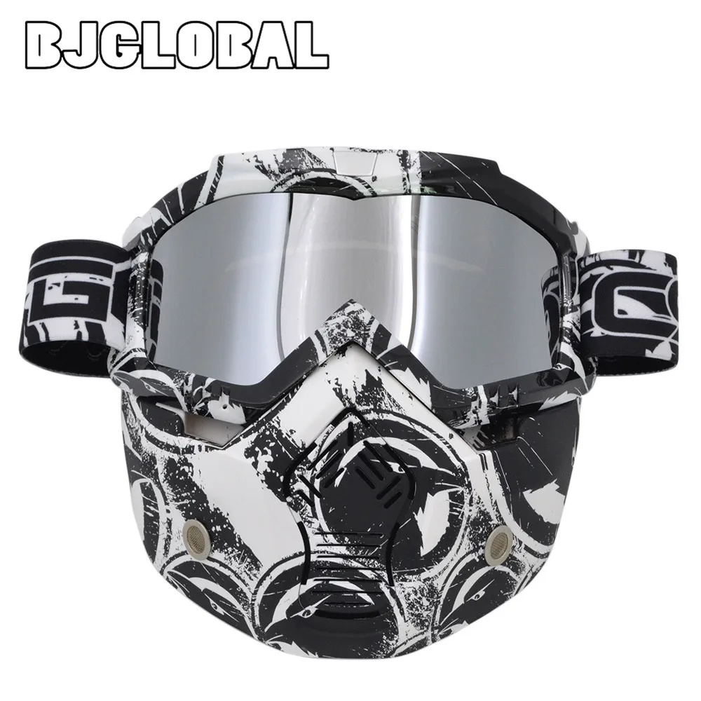 BJGLOBAL Motocross Modular Mask Detachable Goggles And Mouth Filter for Open Face Motorcycle Half Helmet or Vintage Helmet