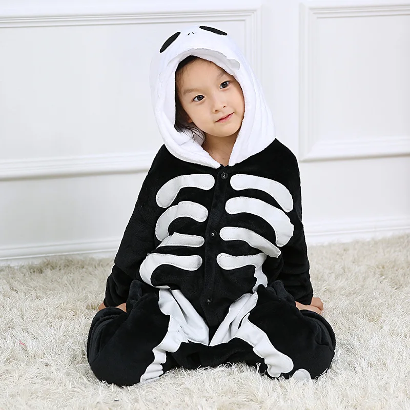 

Black Skeleton Kigurumi Kids Onesie Cartoon Flannel Girls Boy Pajamas Jumpsuit Baby Sleepwear Overalls Cosplay For Halloween Par