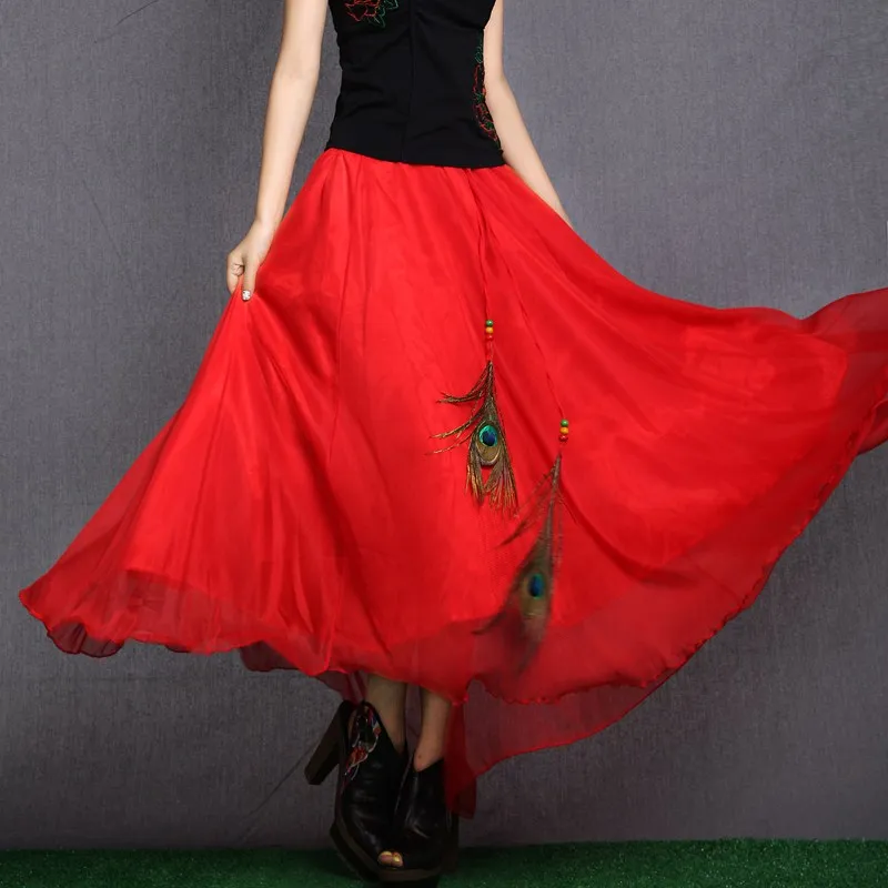 Free Shipping Women Sexy Boho Style Pleated High Waist Long Maxi Skirt Chinese Style Long Skirt