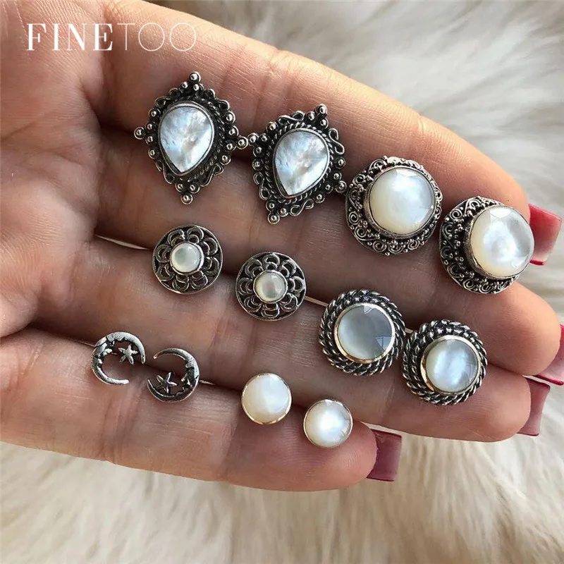 

6 Pairs Vintage Tibetan Water Drop Round Stone Opal Earrings for Women Bohemian Crescent Moon Geometric Stone Stud Earrings Set