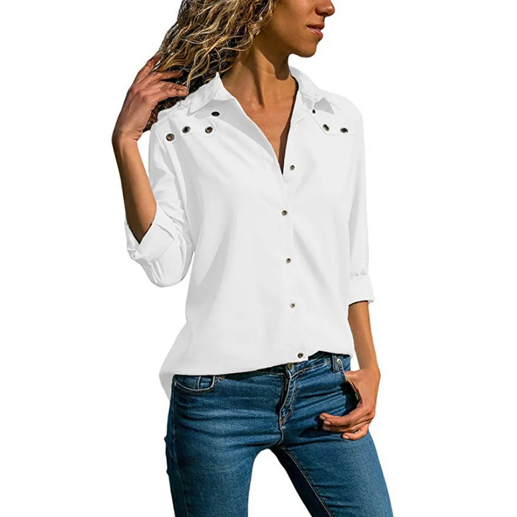 

Feitong Blouse Women V-Neck Pure color Button Loose Long Sleeves Plus Size Tops Working Loose Blouse blusa feminina Drop Ship
