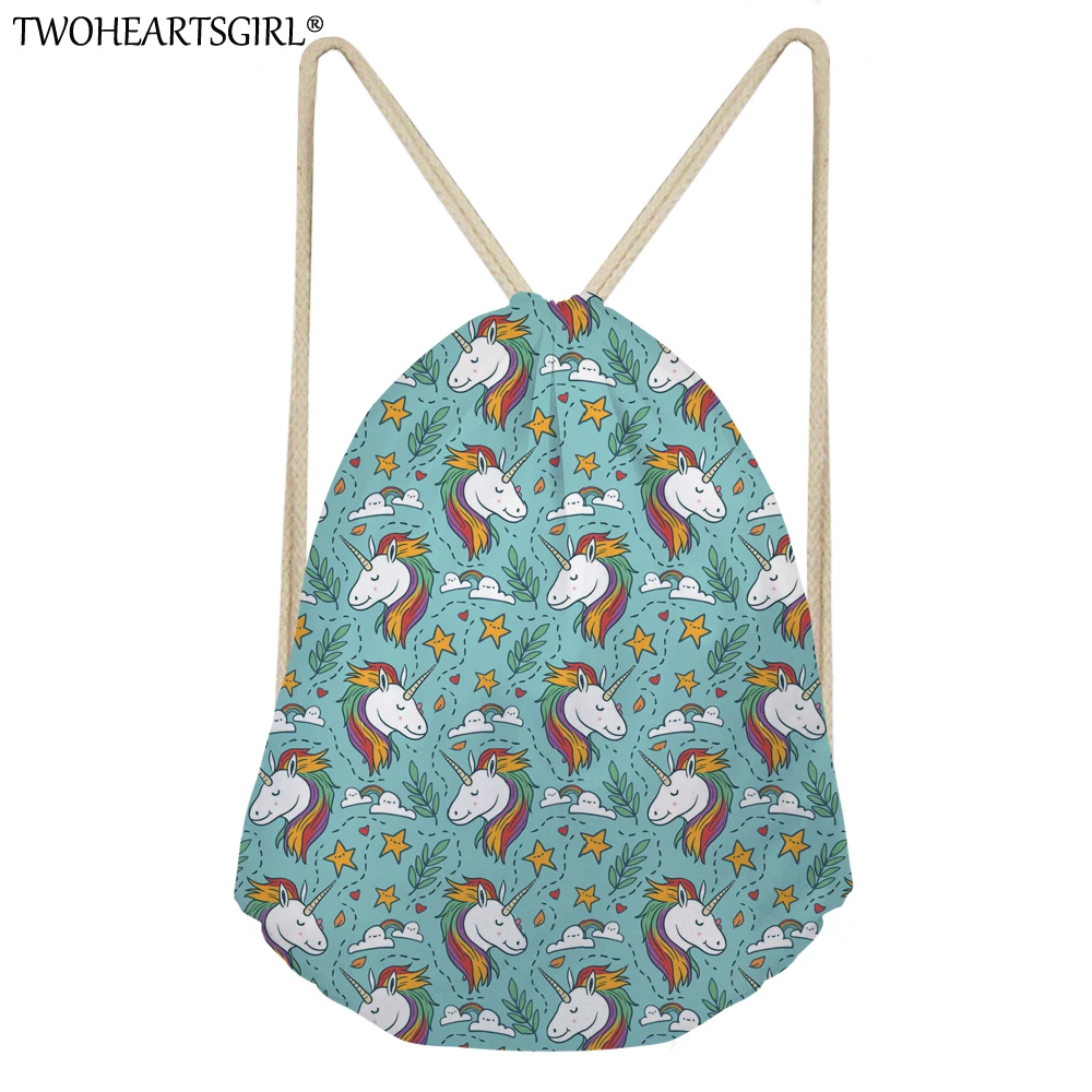 TWOHEARTSGIRL милые с единорогом Для женщин Drawstring Сумка уникальный женский рюкзак на шнурке мультфильм школа девушки пляж дорожный футляр