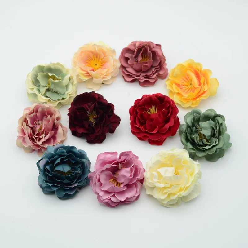 

100pcs Silk roses Artificial plastic flowers for christmas decor home wedding accessories scrapbook fake peony diy wreath gifts