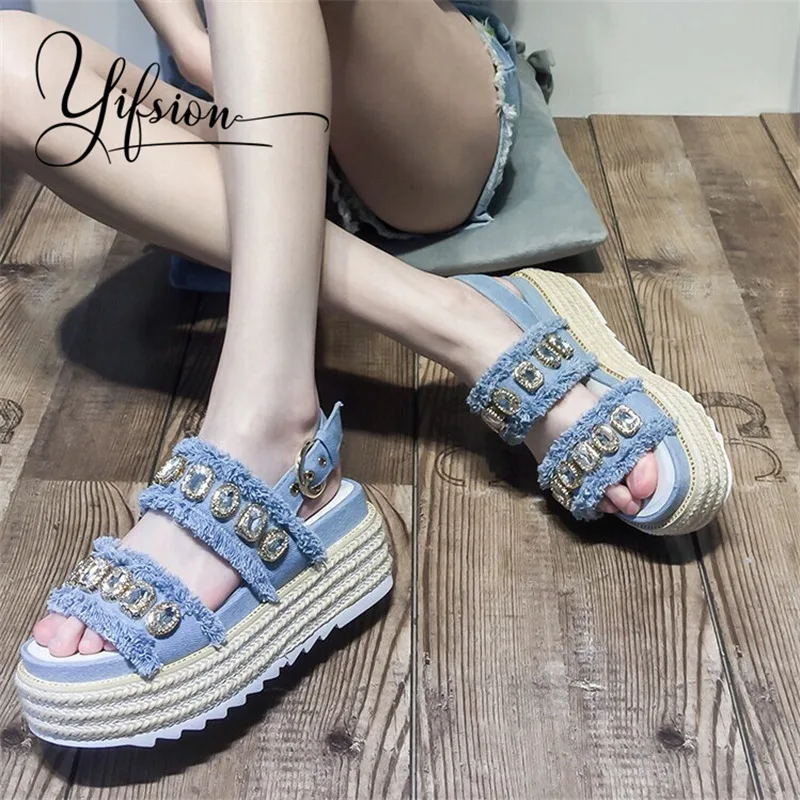 

YIFSION 2019 New Fashion Blue Yellow Women Summer Sandals Sexy Open Toe Buckle Strap Crystal Platform Sandals Shoes Woman