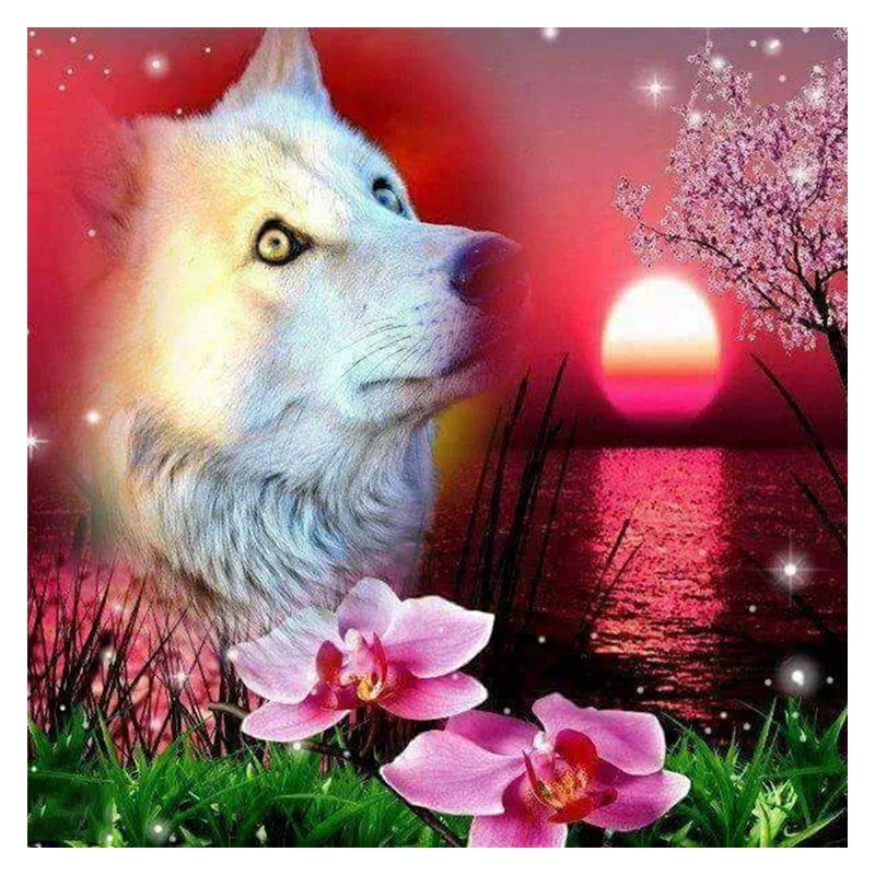 

5D Diy Diamond Painting Cross Stitch Wolf & Flower On Dawn Waterfront 3D Diamond Embroidery Full Round Mosaic Decoration Resin