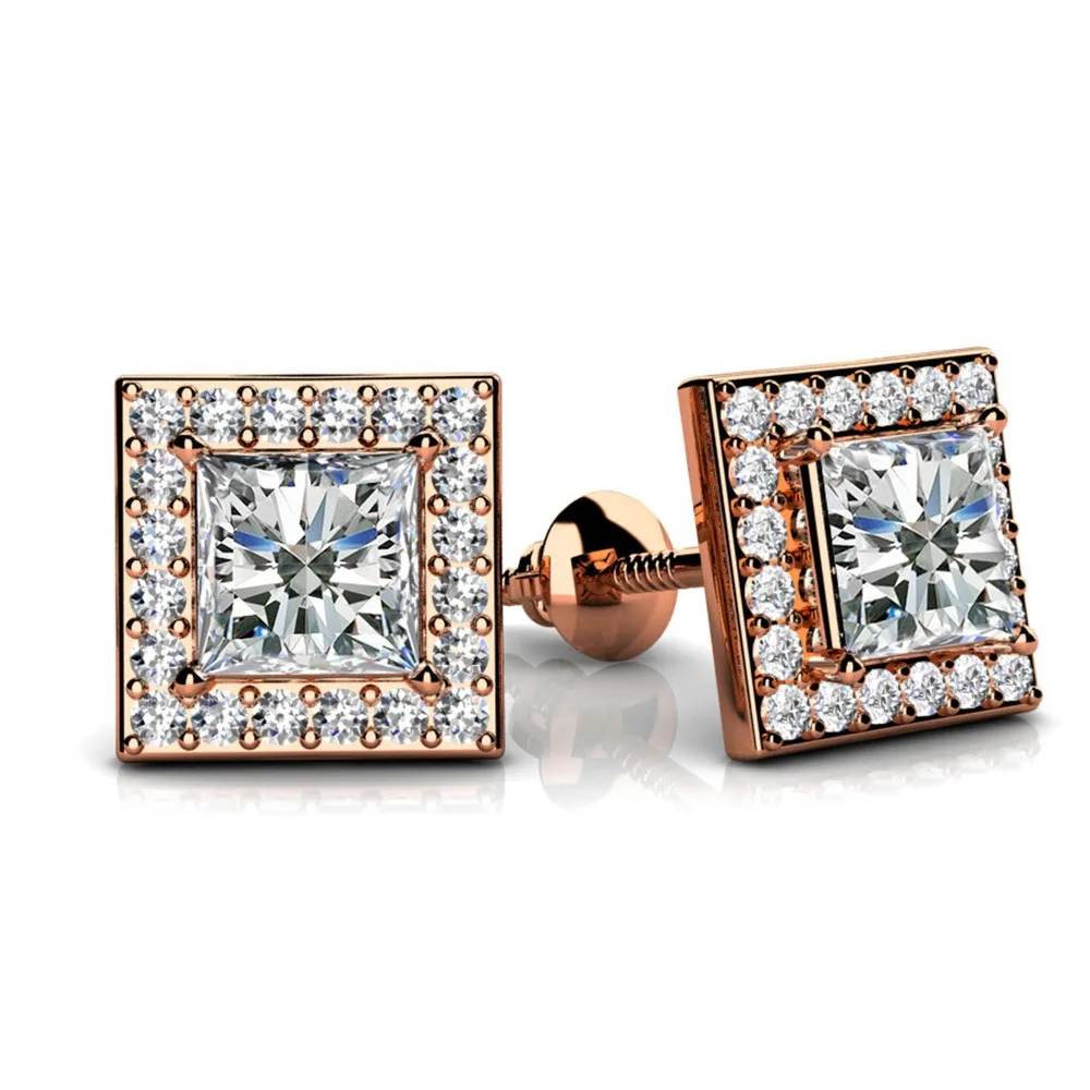 1.1 Ct Princess Cut Natural Diamond Halo Studs Earrings In 18k Rose