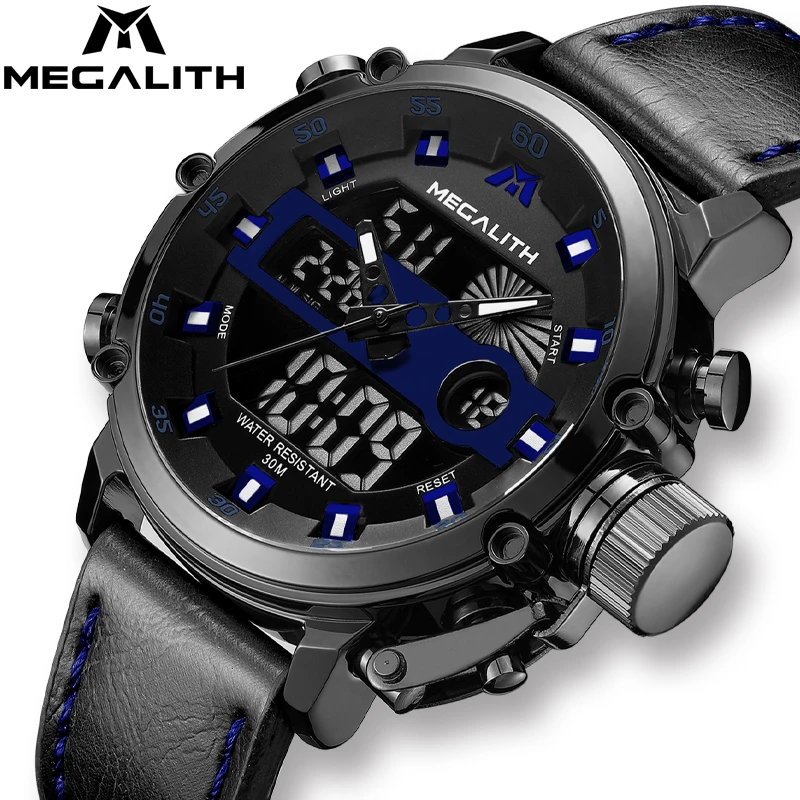 

MEGALITH Luxury Sport Quartz Watches Men Watch Multifunction Dual Display Luminous Waterproof Watch Mens Wristwatch Clock