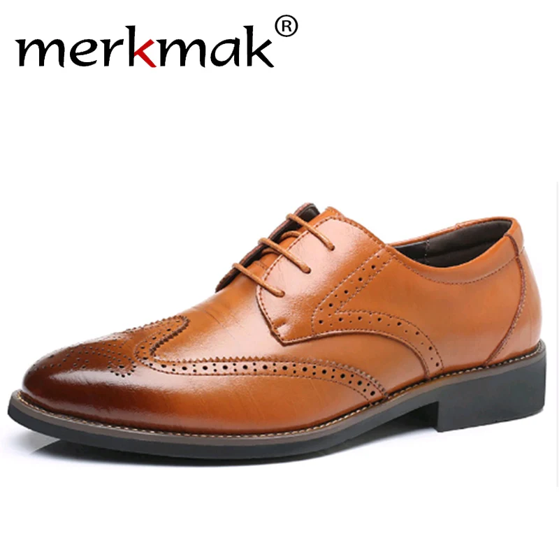 Merkmak Luxury Designer Formal Men Dress Shoes Genuine Leather Classic Brogue Shoes Flats Oxfords For Wedding Office Business цена Merkmak Luxury Designer Formal Men Dress Shoes Genuine Leather Classic Brogue Shoes Flats Oxfords For Wedding Office Business цены онлайн