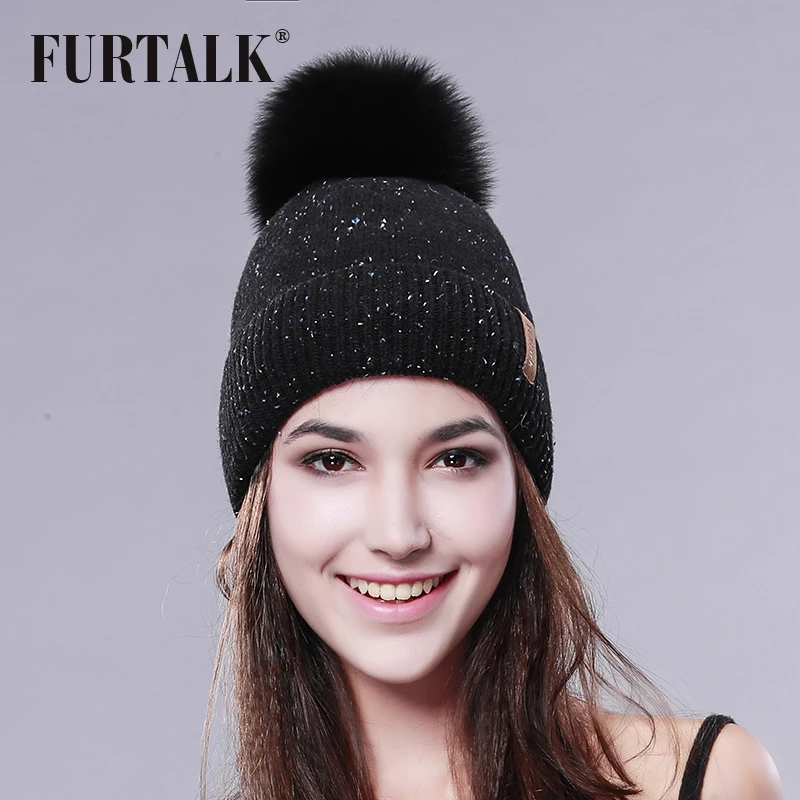 

FURTALK Real Fur Hat for Women Big Fox Fur pompom Hat Winter Warm Soft Wool Fur beanie Hats Fashion bobble hat for Girls 2019