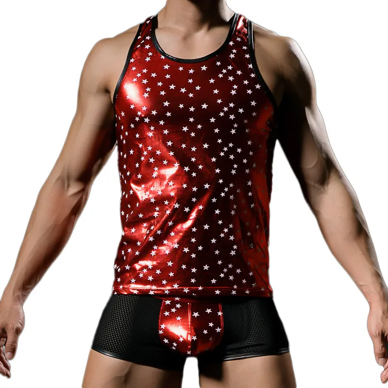

Men Summer Tank Top Shiny Leather Male Gold Blocking Stars Print Tops Muscle Cut Male Tank Vest and Pants Set Clubwear Tank Top