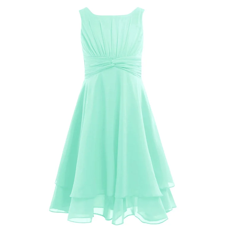 Mint Green Шифоновое платье для девочек с завязками на талии и рюшами; платье с цветочным узором для девочек; Пышное летнее платье принцессы с высокой талией на свадьбу, день рождения, вечеринку - Цвет: Mint Green