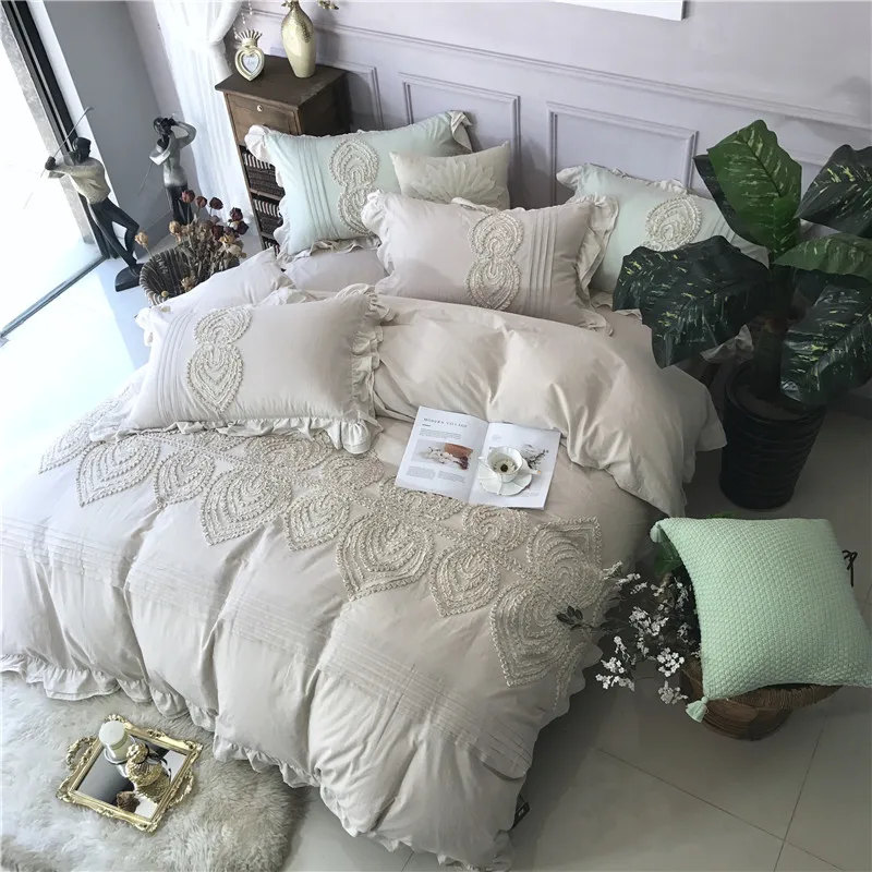 cheap Grey Pink Princess Bedding Set Queen King size Boho Bed set Bed Duvet Cover Bed Sheet set Pillowcases 100%Cotton soft 40