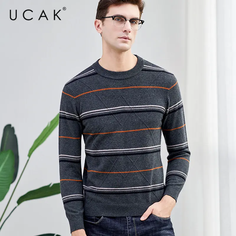 

UCAK Brand Merino Wool Sweater Men Streetwear Casual Striped O-Neck Pull Homme Autumn Winter Knitted Cashmere Pullover Men U3041
