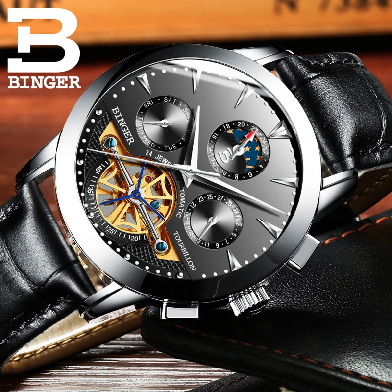 Модные мужские часы Tourbillon швейцарские автоматические BINGER механические с кожаным