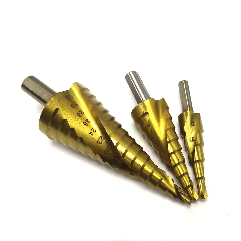 

3Pc Triangle Shank Spiral Groove Step Taper Bit Titanium 4mm-12mm / 4-20mm / 4-32mm Hole Center Bit Metal Wood Cutting Tool Set