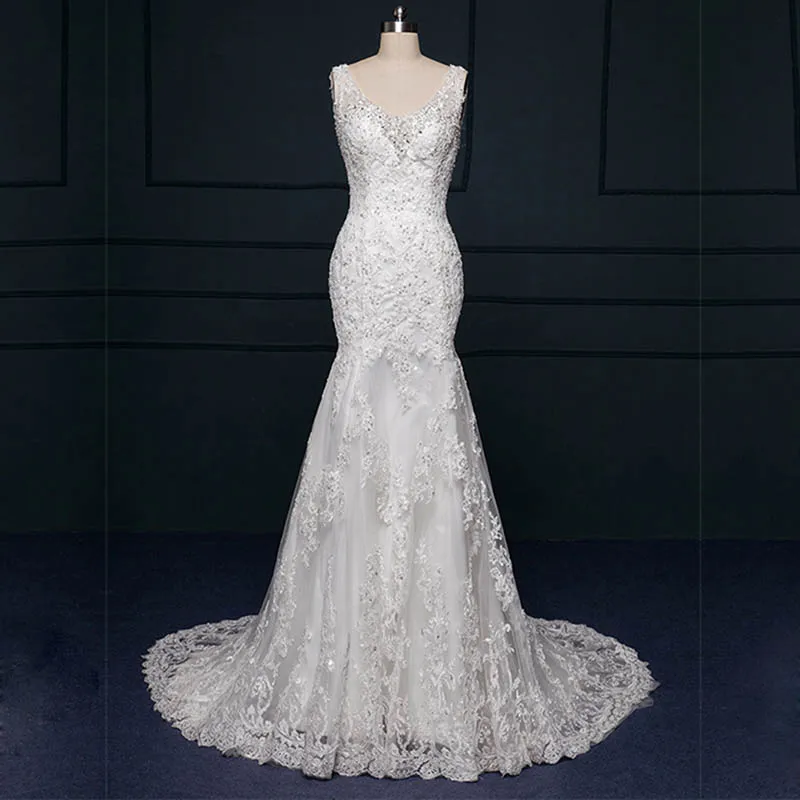 

Custom Made 2016 Vestido De Noivas New Design Backless Crystal Appliques Lace Sheath Bridal Gown Wedding Dresses Court Train