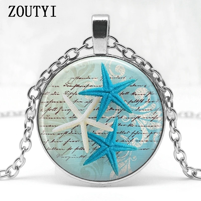 

2018/starfish necklace ocean starfish necklace nautical necklace round glass dome cabochon Christmas gift for male female