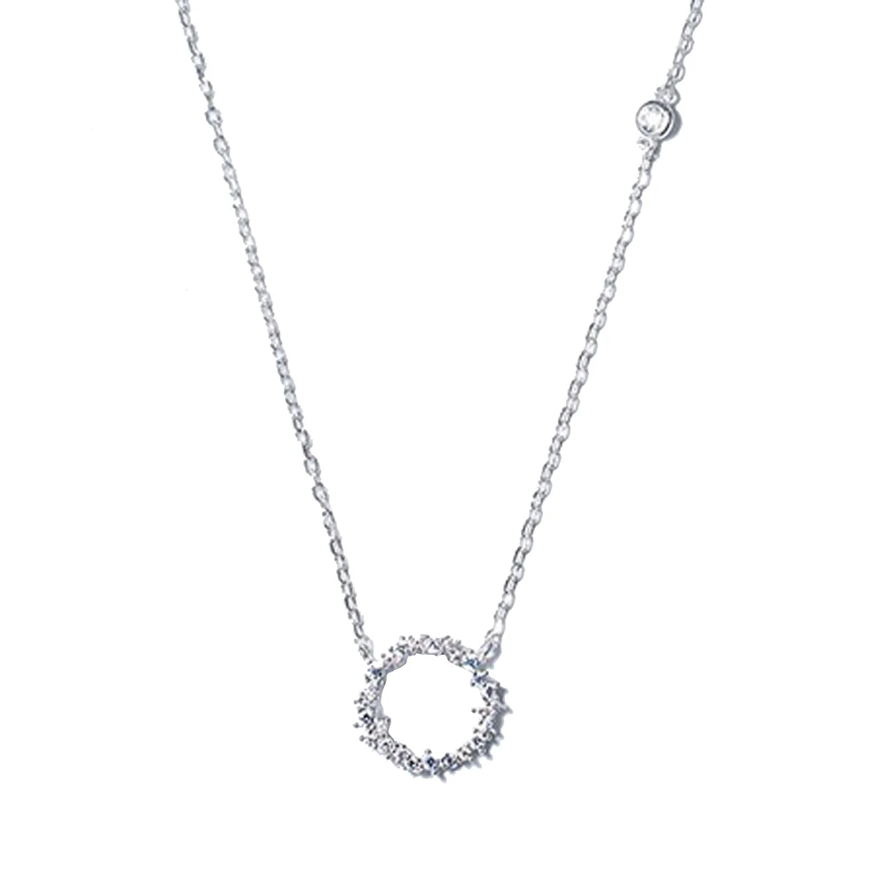 

Silver Plated White Crystal Diamonds Rhinestones Circle Pendant Necklace Chain Fashion Jewelry Gift for Women Female Ladies