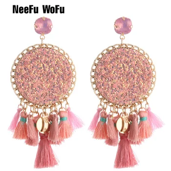 

NeeFu WoFu Bohemian tassel Earrings Metal Big Earring Flash leather Earring Large Long Brinco Ear Oorbellen Christmas Gift