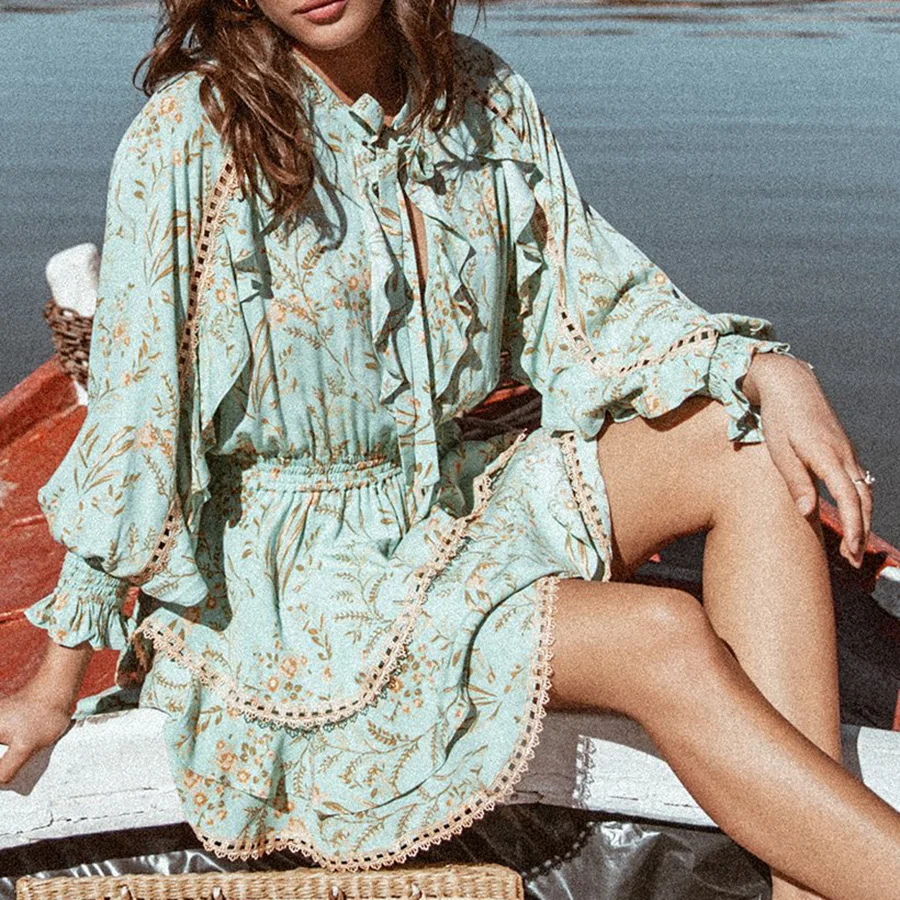 

2019 Summer Print Vacation Women Dress Patchwork V-neck Cascading Ruffles Elegant Dress Draped Drawstring Elastic Mini Dress