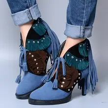 Модные замшевые женские ботильоны с бахромой; Разноцветные модельные туфли на высоком каблуке; женские низкие ботинки для мотоцикла на шнуровке; Botas